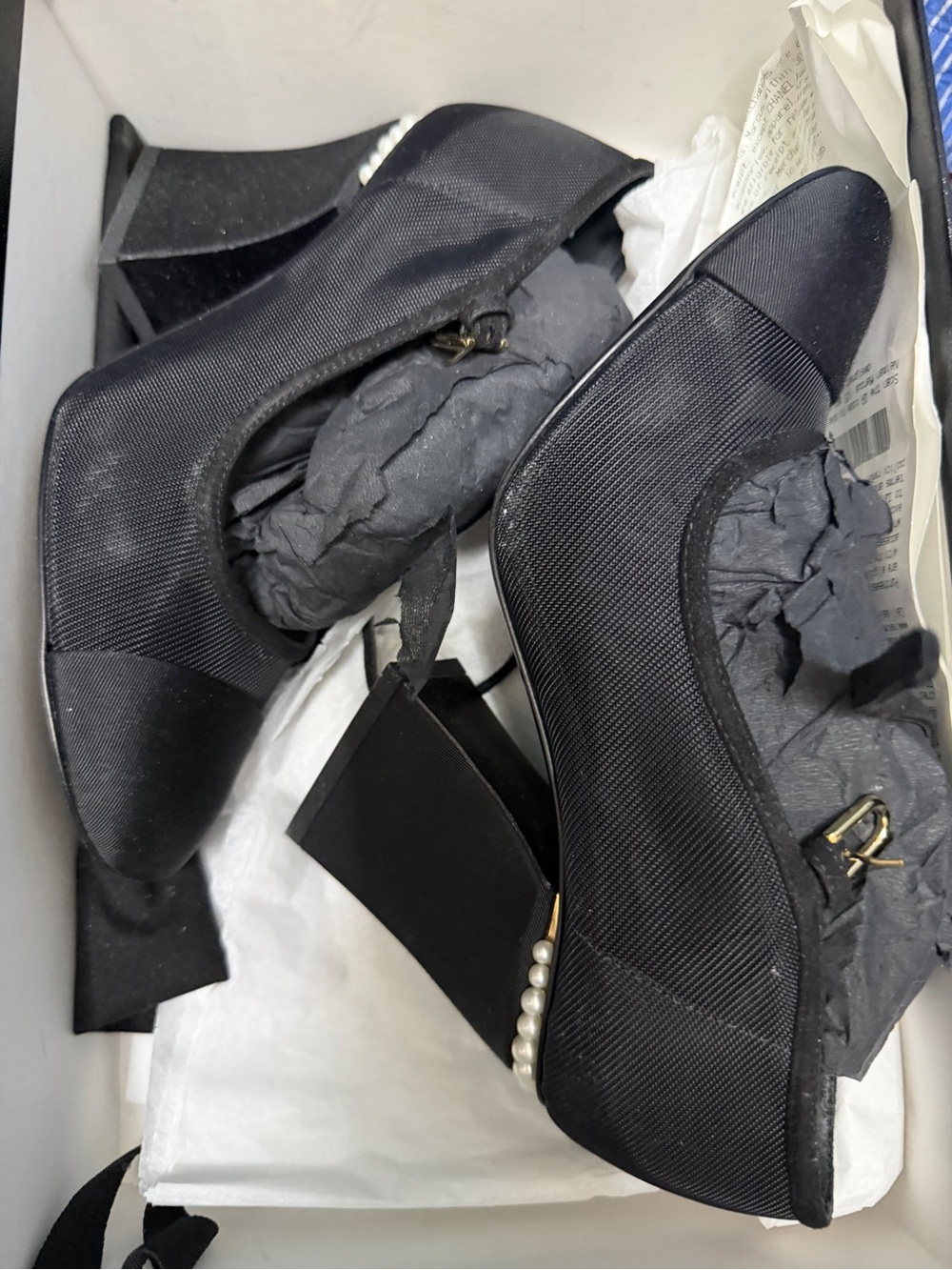CHANEL Black Block Heel Pumps with Pearl Trim